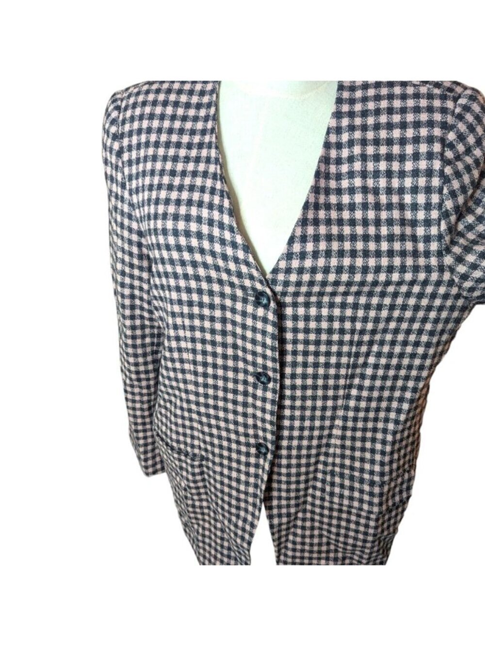 VTG Chaus Wool Mauve Gray Check Long Blazer 14 - Picture 2 of 4
